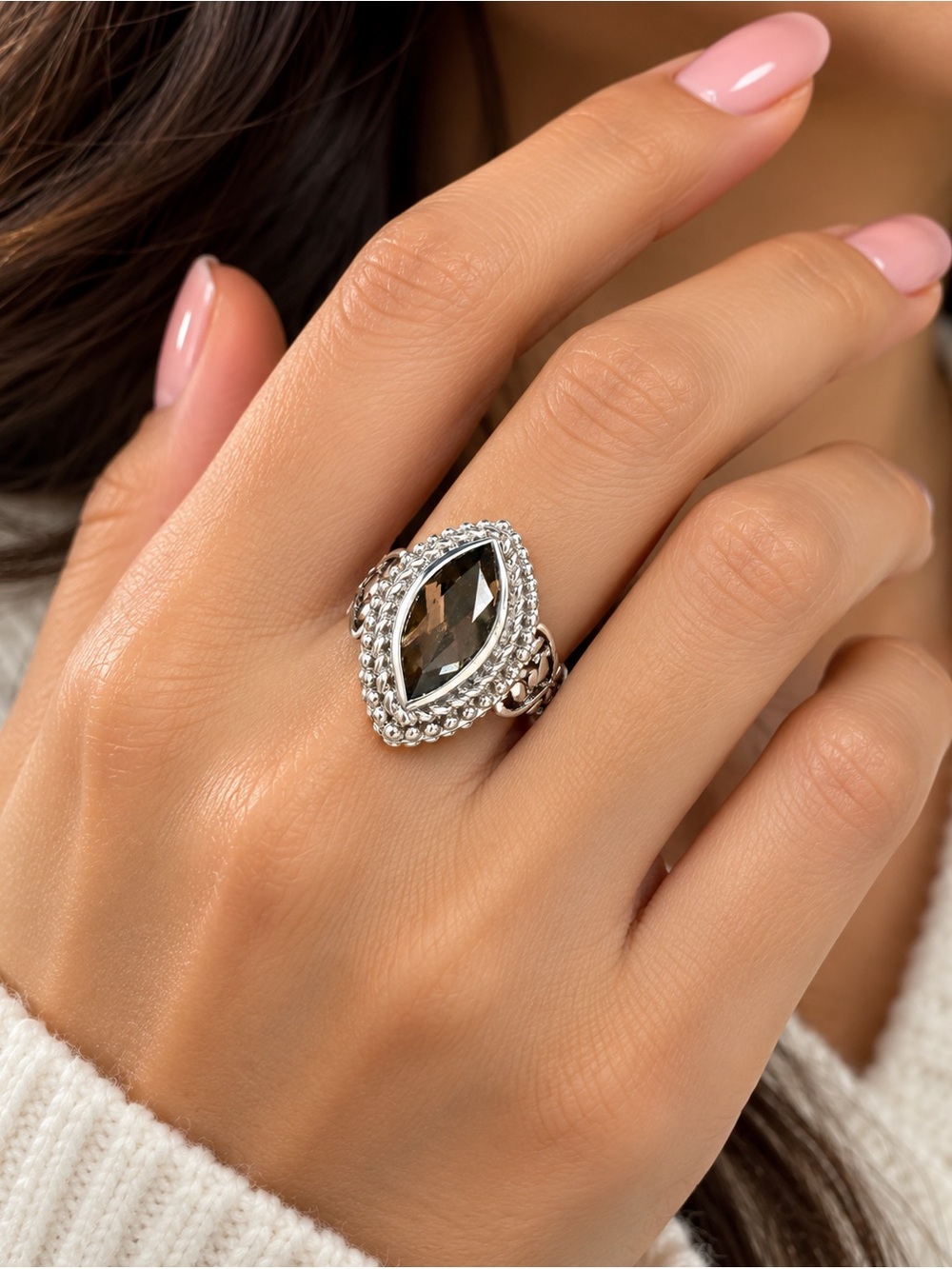 Sterling Silver Marquise Smoky Quartz Statement Ring - Silver